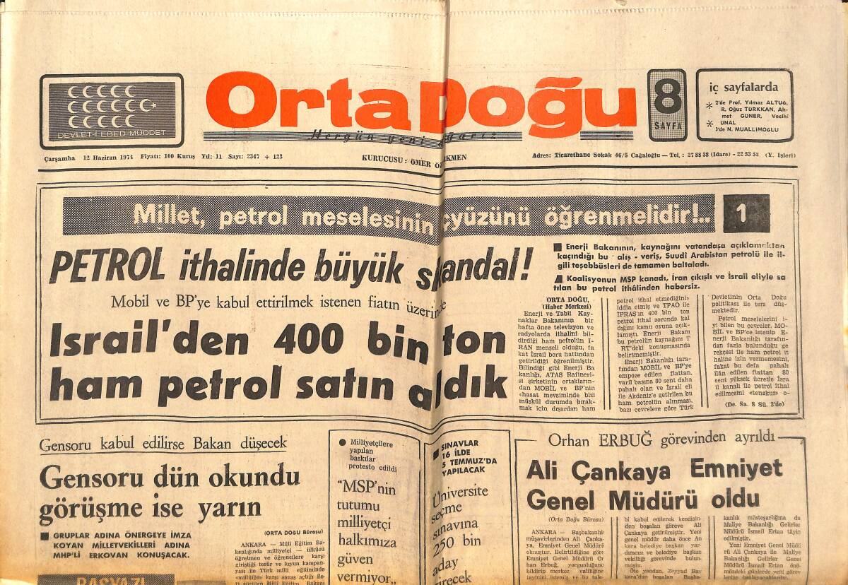 Orta Doğu Gazetesi 12 Haziran 1974 - Gensoru Dün Okundu Görüşme İse Yarın - Turizm Bakanı Birgit Teşrifatçılık Yapıyor! GZ139459 - 1