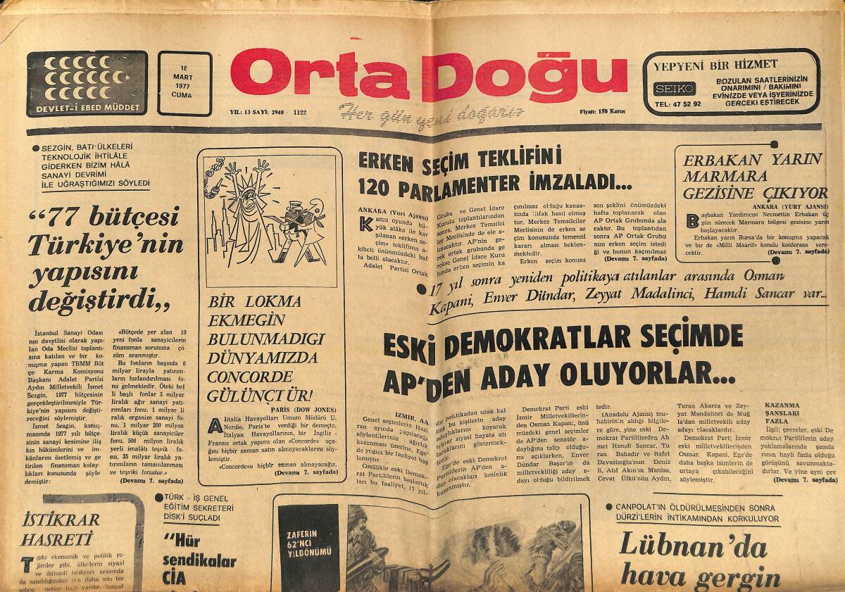 Orta Doğu Gazetesi 12 Mart 1977 - Solcular Dün De Polise Ateş Açtı - Eski Demokratlar Seçimde AP'den Aday Oluyorlar GZ138557 - 1