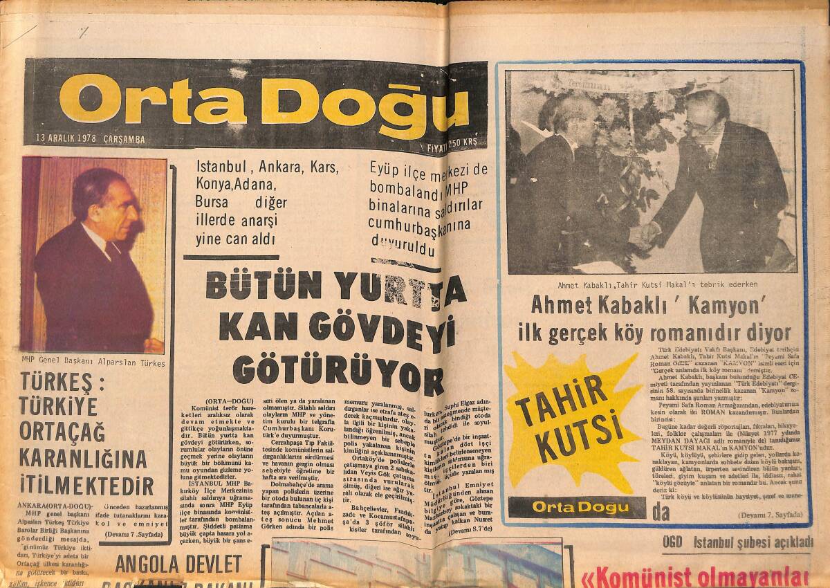 Orta Doğu Gazetesi 13 Aralık 1978 - Alpaslan Türkeş: Türkiye Ortaçağ Karanlığına İtilmektedir! - Komünist Olmayanlar Okullara Alınmıyorlar! GZ139402 - 1
