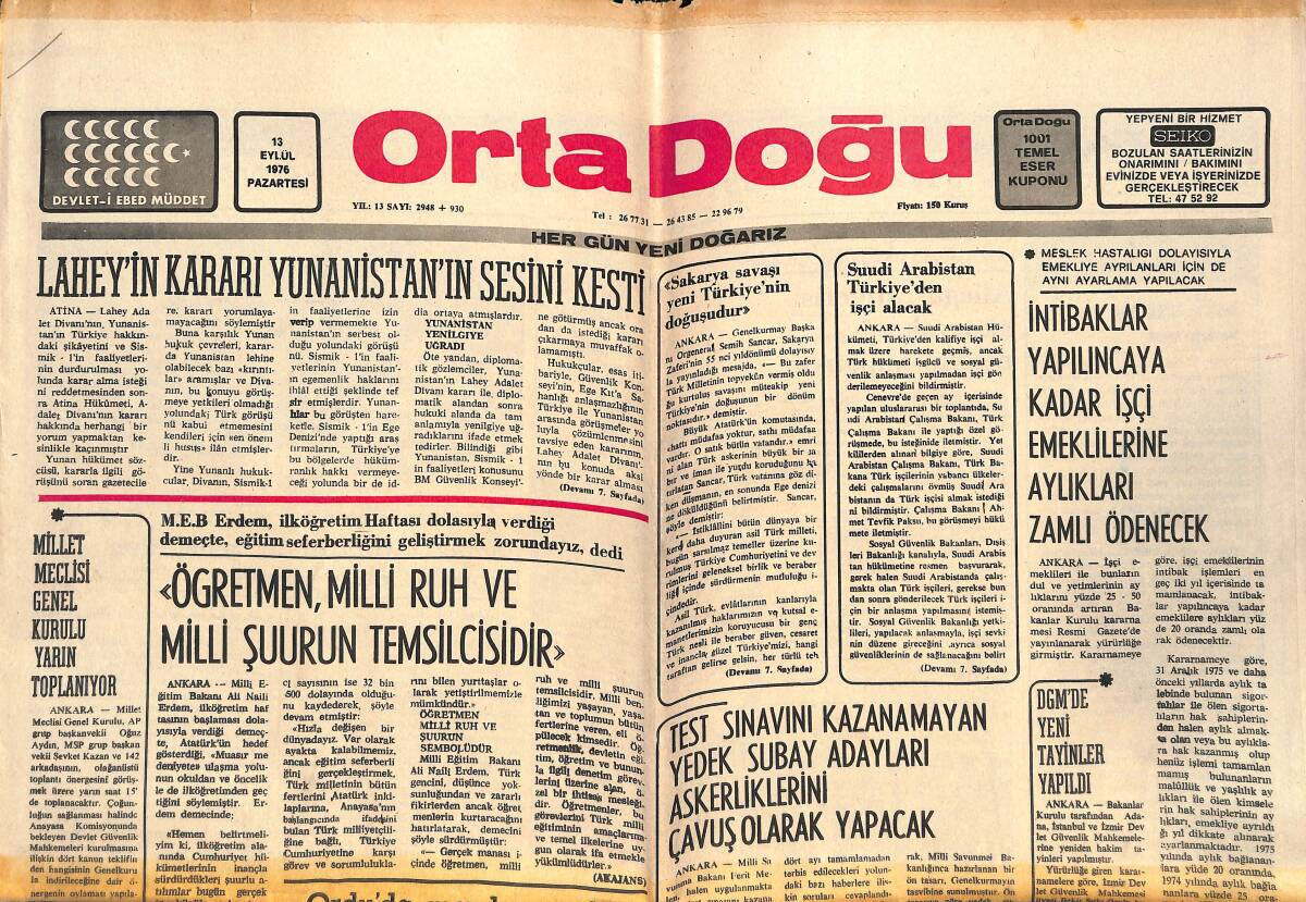 Orta Doğu Gazetesi 13 Eylül 1976 - İskenderun'a Modern Bir Balıkhane Yapıldı - Lahey'in Kararı Yunanistan'ın Sesini Kesti GZ143736 - 1