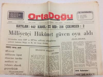 Orta Doğu Gazetesi 13 Nisan 1975 - Milliyetçi Hükümet Güven Oyu Aldı GZ71035 - 2