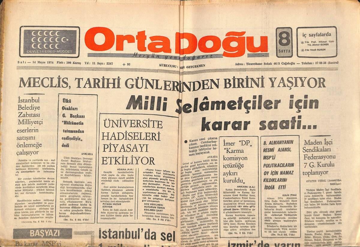 Orta Doğu Gazetesi 14 Mayıs 1974 - Meclis, Tarihi Günlerden Birini Yaşıyor - Milli Selametçiler İçin Karar Saati GZ139342 - 1