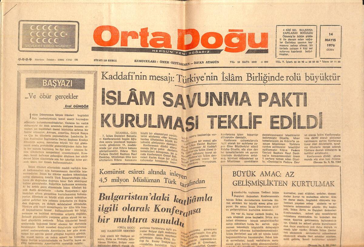 Orta Doğu Gazetesi 14 Mayıs 1976 - İslam Savunma Paktı Kurulması Teklif Edildi - Saharov: Kırım Türklerine Yardım Ediniz! GZ139300 - 1