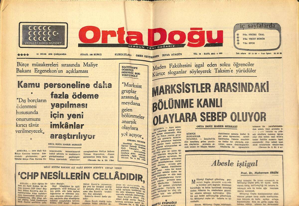 Orta Doğu Gazetesi 14 Ocak 1976 - Marksistler Arasındaki Bölünme Kanlı Olaylara Sebep Oluyor! - CHP Nesillerin Celladıdır! GZ139269 - 1