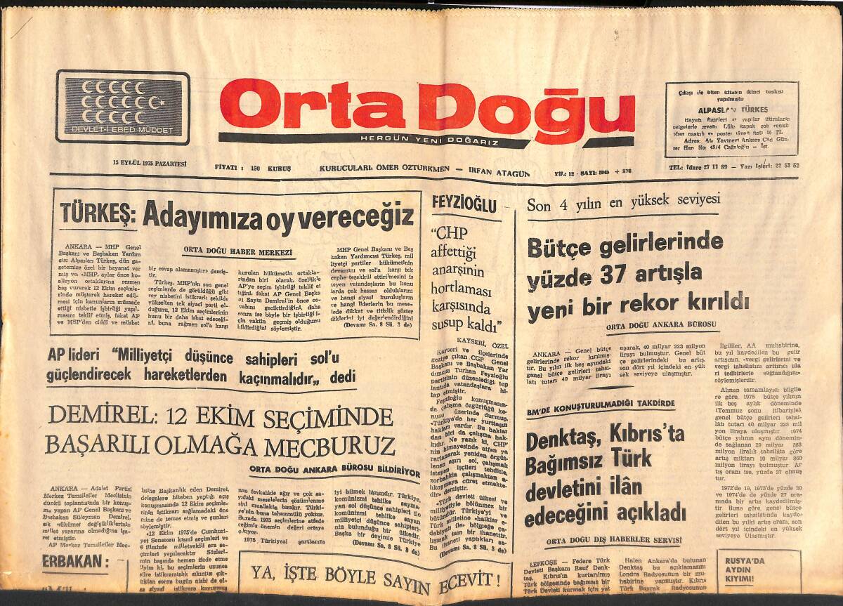 Orta Doğu Gazetesi 15 Eylül 1975 - Rauf Denktaş, Kıbrıs'ta Bağımsız Türk Devletini İlan Edeceğini Açıkladı! - Tarihçi Amalrik Tevkif Edildi! GZ139304 - 1