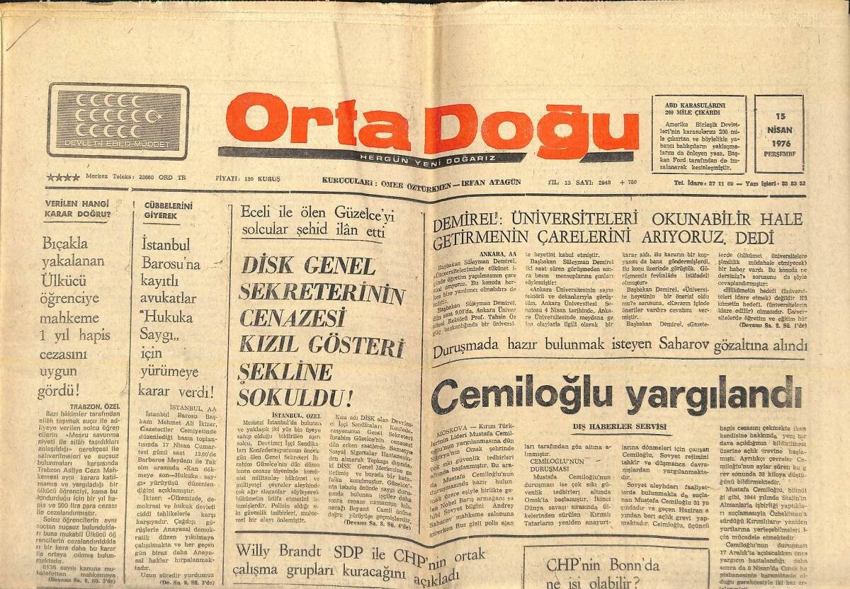 Orta Doğu Gazetesi 15 Nisan 1976 - Mustafa Cemiloğlu Yargılandı! - Solcular Doç. Mehmet Eröz'ün Dersini Bastı! GZ139270 - 1