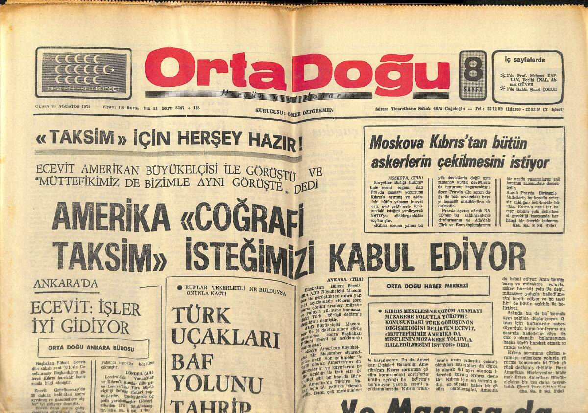 Orta Doğu Gazetesi 16 Ağustos 1974 - Amerika 