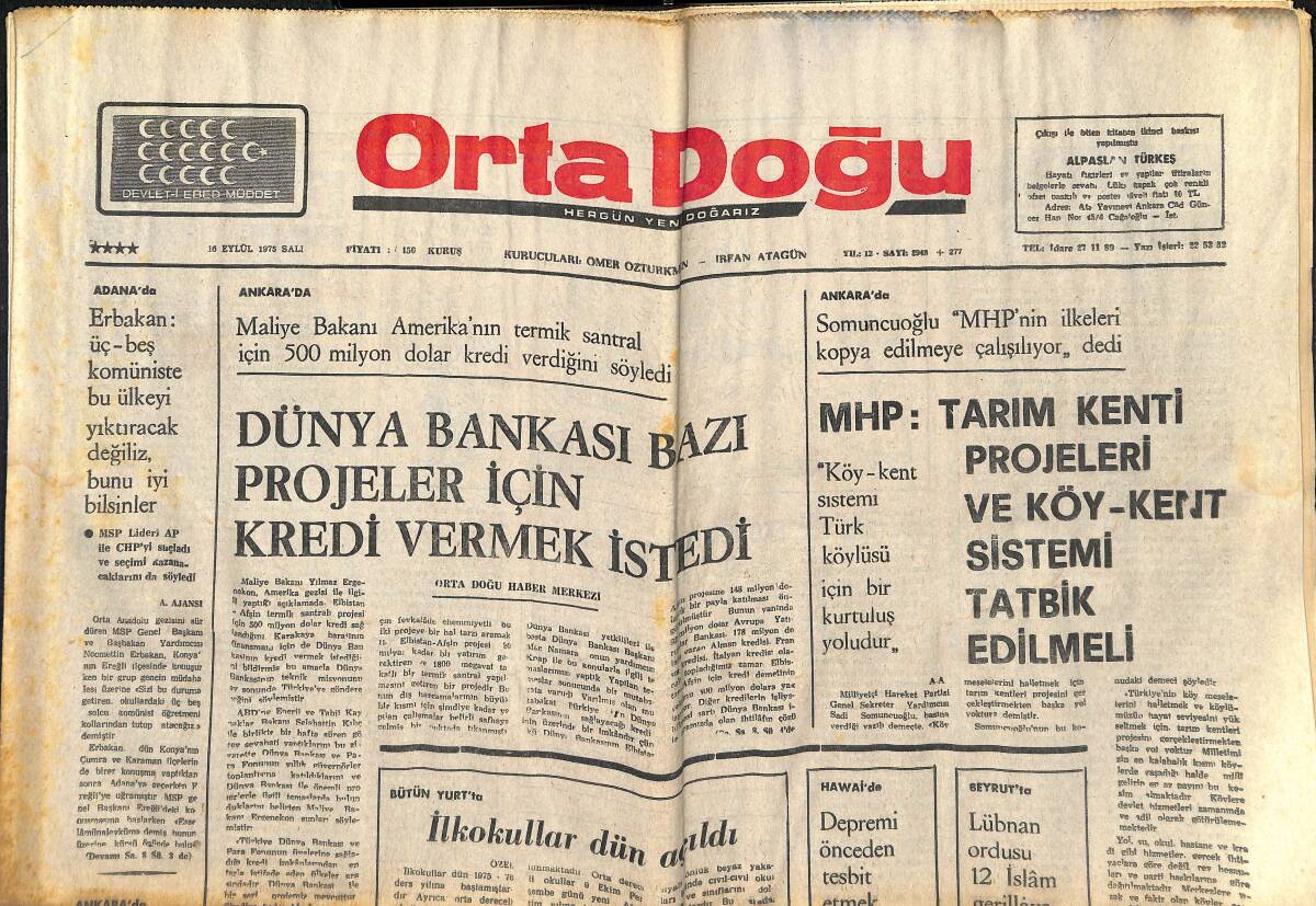 Orta Doğu Gazetesi 16 Eylül 1975 - Dünya Bankası Bazı Projeler İçin Kredi Vermek İstedi - Kırım Türkleri Rus Mezalimi Altında İnliyor GZ139185 - 1