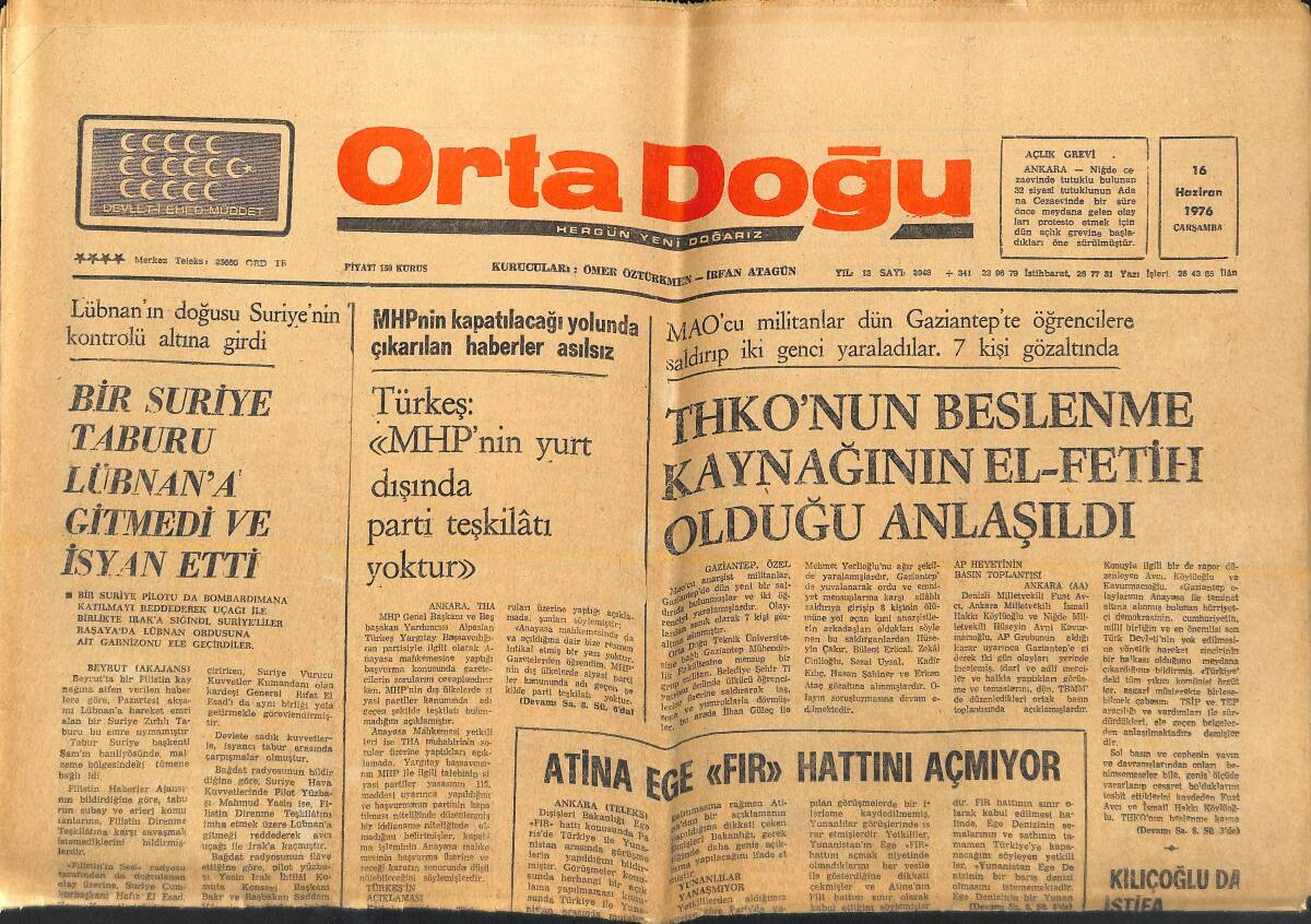 Orta Doğu Gazetesi 16 Haziran 1976 -Alpaslan Türkeş:MHP'NİN Yurt Dışında Parti Teşkilatı Yoktur -THKO'NUN Beslenme Kaynağının El Feth Olduğu Anlaşıldı GZ139275 - 1