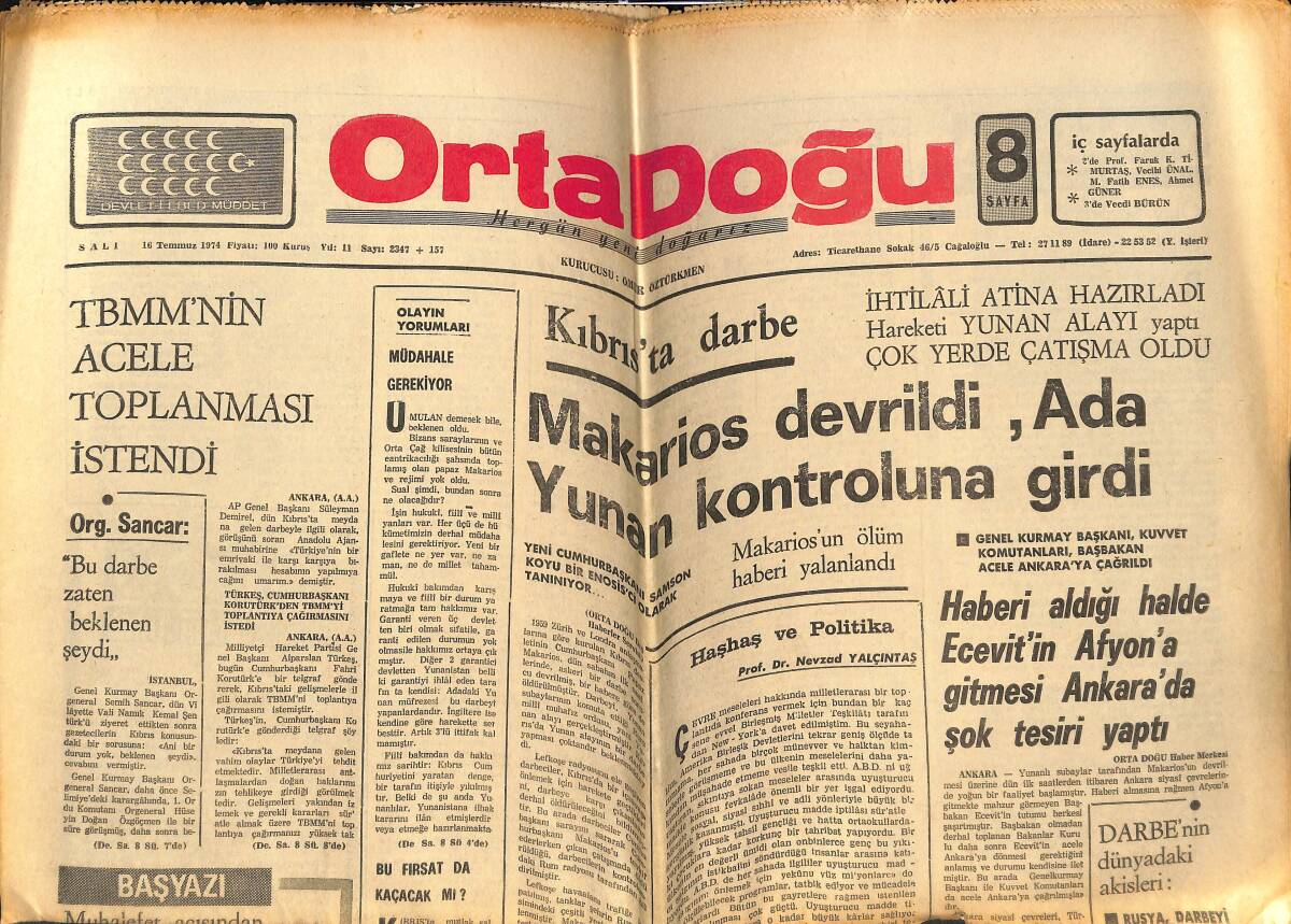 Orta Doğu Gazetesi 16 Temmuz 1974 - Makarios Devrildi Ada Yunan Kontrolüne Girdi - TBMM'nin Acele Toplanması İstendi GZ148981 - 1