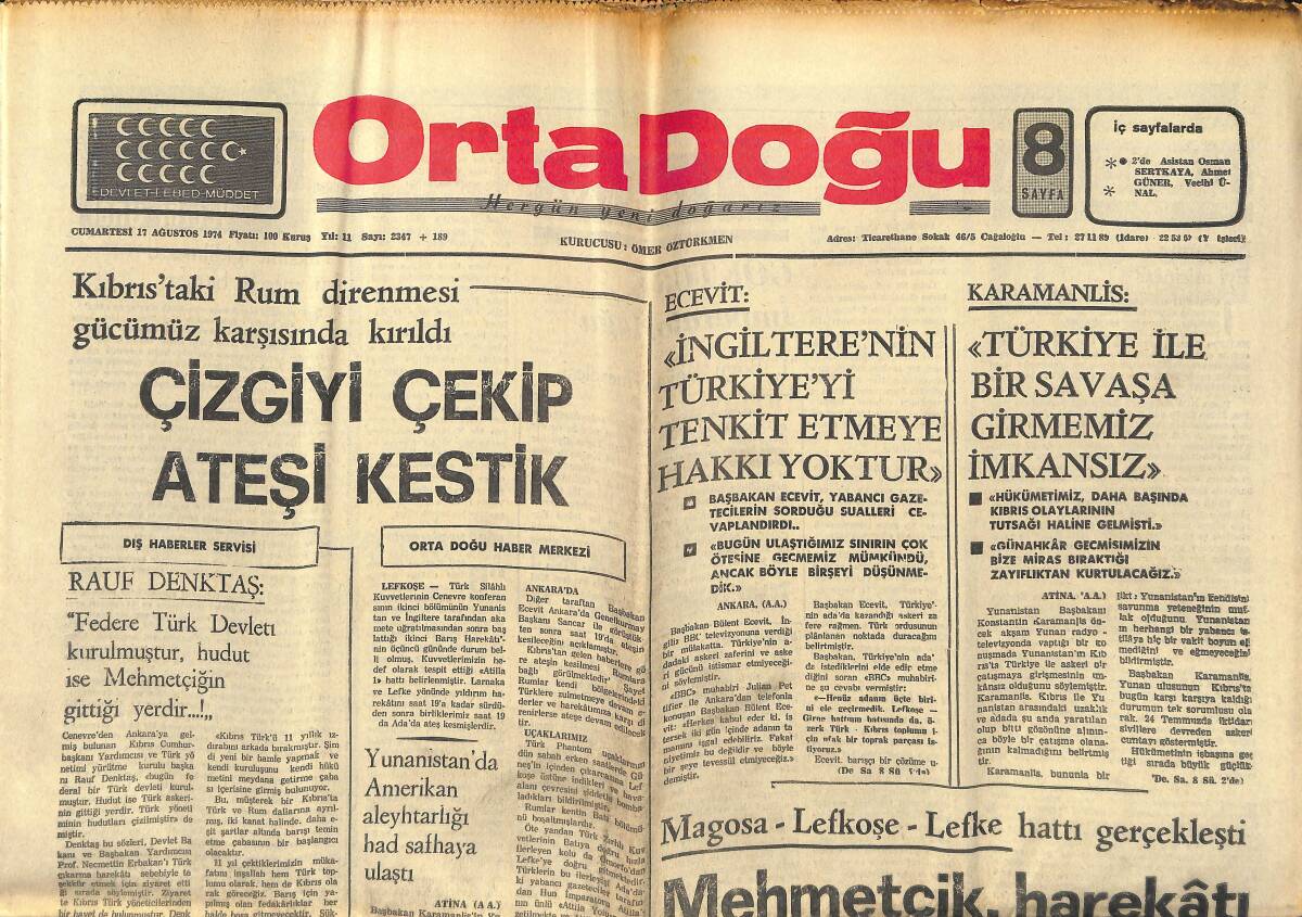 Orta Doğu Gazetesi 17 Ağustos 1974 - Yunan Subayları Kaçmak İsteyen Rum Askerlerinin Bacaklarını Kırıyor - Kahraman Mümin Çavuşun Hikayesi GZ139156 - 1