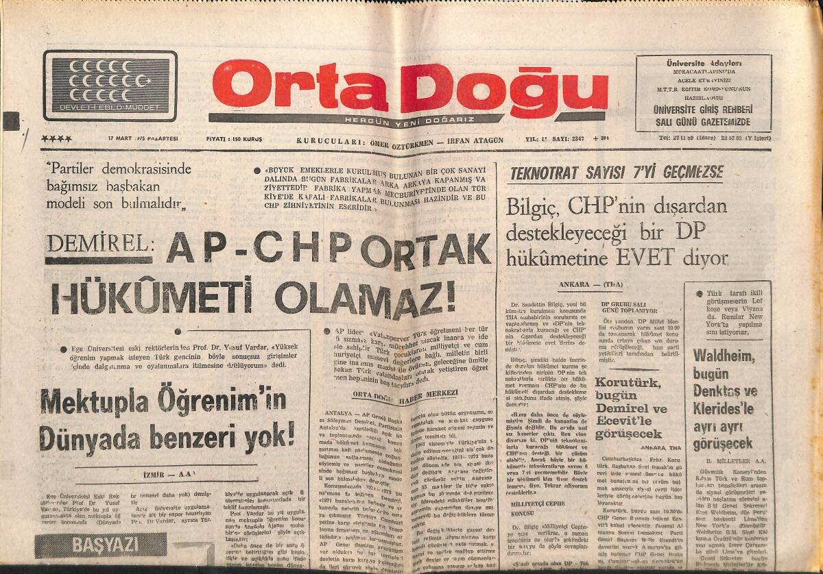 Orta Doğu Gazetesi 17 Mart 1975 - Demirel: Ap - CHP Ortak Hükümeti Olamaz! - Fahri Korutürk Bugün Demirel Ve Ecevit'le Görüşecek! GZ139344 - 1