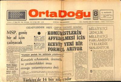 Orta Doğu Gazetesi 17 Mayıs 1974 - MSP Geniş Bir Af İçin Çalışacak GZ89230 - 1