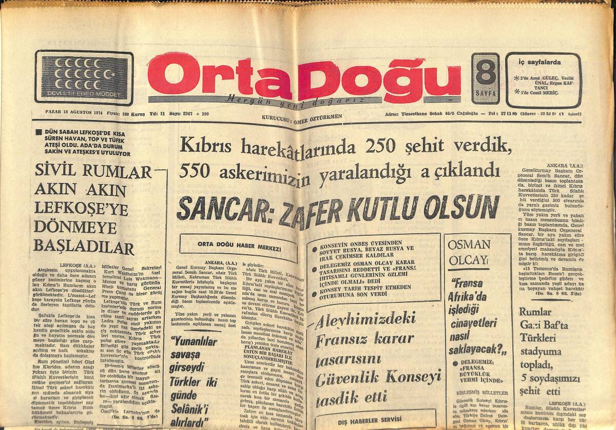 Orta Doğu Gazetesi 18 Ağustos 1974 - Sivil Rumlar Akın Akın Lefkoşe'ye Dönmeye Başladı - Resimlerle Kıbrıs Harekatı GZ139155 - 1