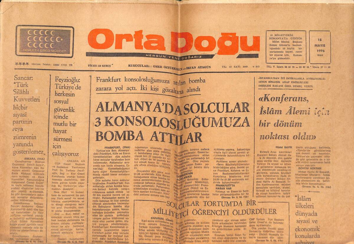 Orta Doğu Gazetesi 18 Mayıs 1976 -Solcular Tortum'da Bir Milliyetçi Öğrenciyi Öldürdüler-Konferansın Kıbrıs İçin Aldığı Kararlar Rumları Telaşlandırdı GZ139297 - 1