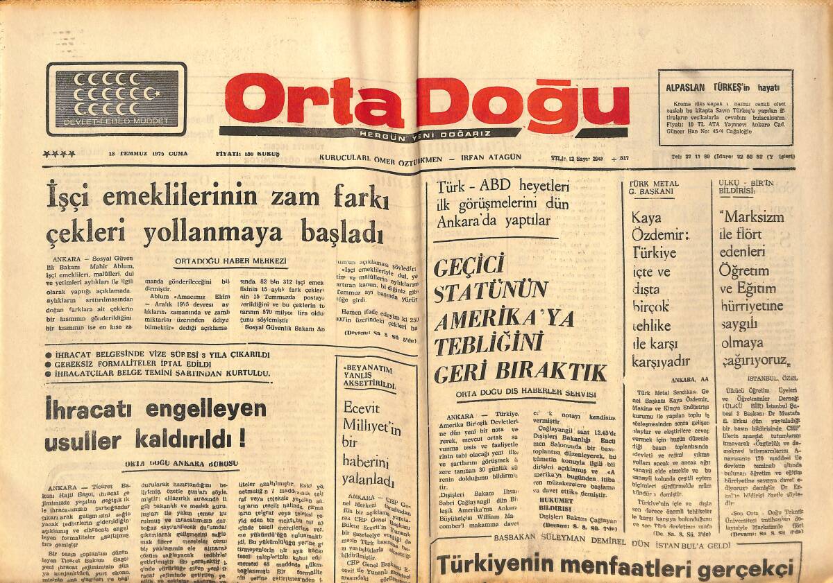 Orta Doğu Gazetesi 18 Temmuz 1975 - Alpaslan Türkeş'in Hayatı - Necmettin Erbakan: MSP'NİN Büyüme Ve Güçlenme Hızı Kesilmedi GZ139351 - 1