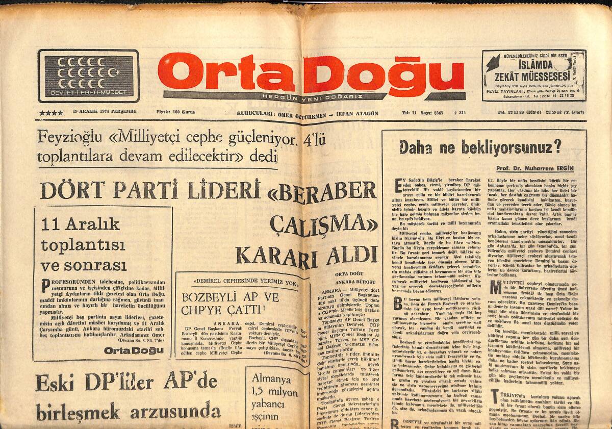 Orta Doğu Gazetesi 19 Aralık 1974 - Eski DP'liler AP'DE Birleşmek Arzusunda - Ferruh Bozbeyli AP Ve CHP'YE Çattı! GZ139440 - 1