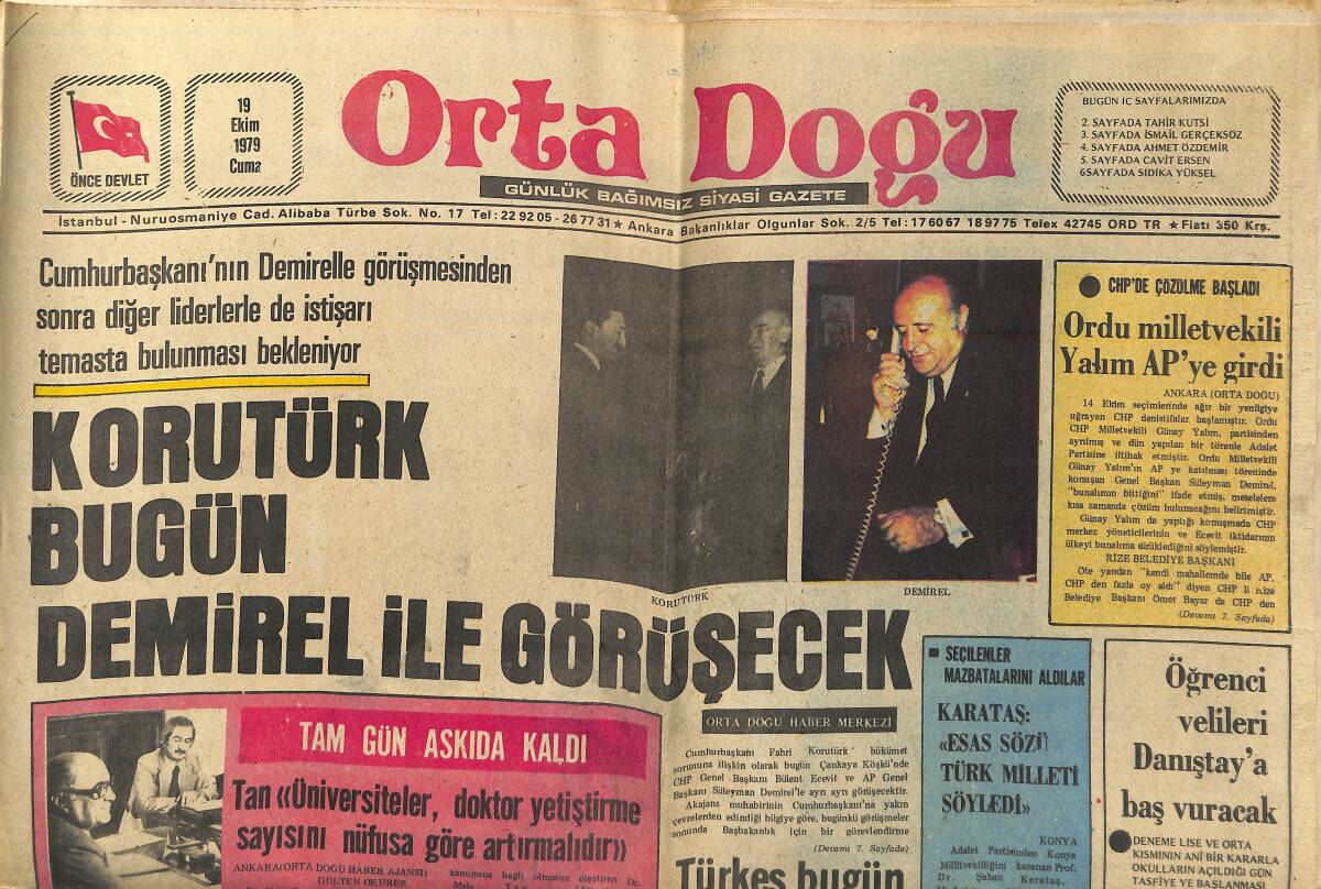 Orta Doğu Gazetesi 19 Ekim 1979 - Korutürk Bugün Demirel İle Görüşecek - Türkiye'deki Son Siyasi Gelişmeler AET Ülkelerinde Alarm Yarattı GZ139179 - 1