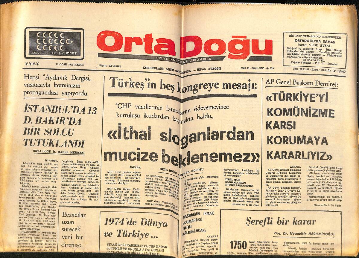 Orta Doğu Gazetesi 19 Ocak 1975 - İstanbul'da 13 D. Bakır'da Bir Solcu Tutuklandı! - 1974'de Dünya Ve Türkiye... GZ146345 - 1