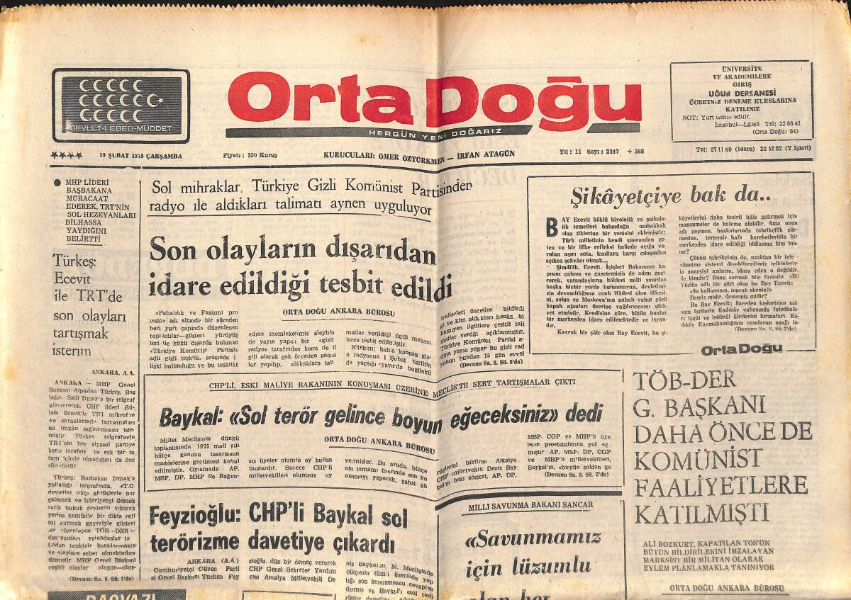 Orta Doğu Gazetesi 19 Şubat 1975 - Deniz Baykal: Sol Terör Gelince Boyun Eğeceksiniz! - Sanık CHP'LİLER İçin Ankara Savcılığı Arama Emri Çıkardı! GZ139306 - 1