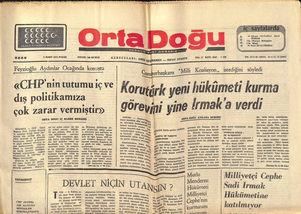 Orta Doğu Gazetesi 2 Mart 1975 - Mutlu Menderes 