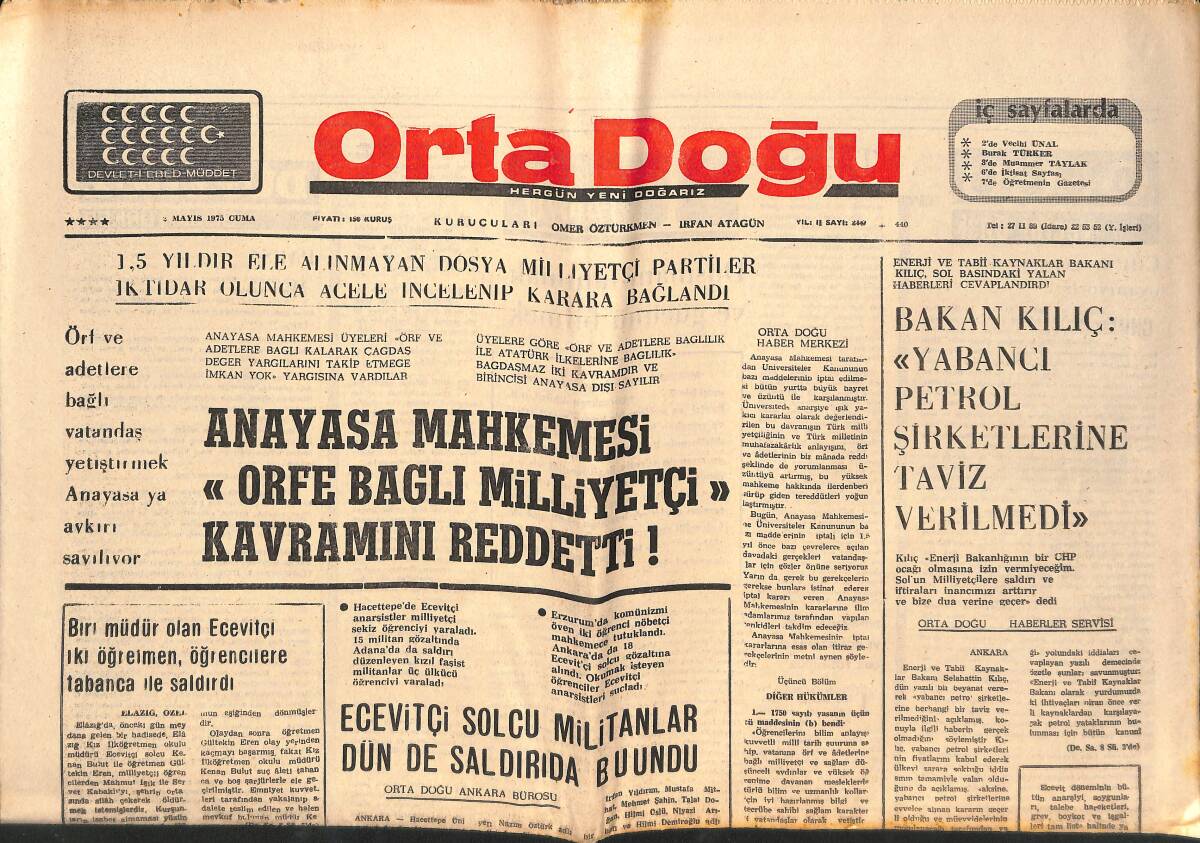 Orta Doğu Gazetesi 2 Mayıs 1975 - Bülent Ecevitçi Solcu Militanlar Dün De Saldırıda Bulundu! - Hür Teşebbüsün Büyük Tezadı! GZ139194 - 1
