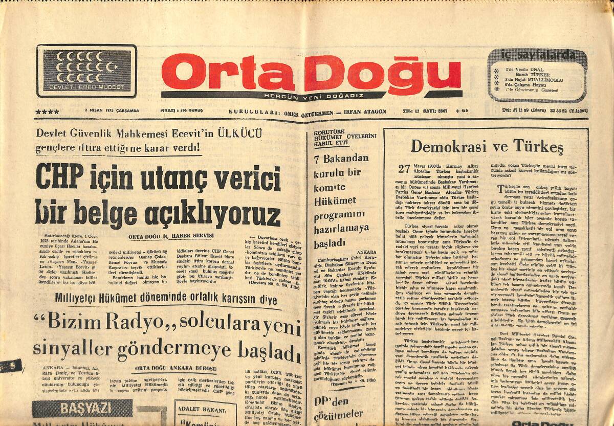 Orta Doğu Gazetesi 2 Nisan 1975 - CHP İçin Utanç Verici Bir Belge Açıklıyoruz - Milliyetçi Öğretmenler Eğitimde Reform İstedi! GZ139292 - 1