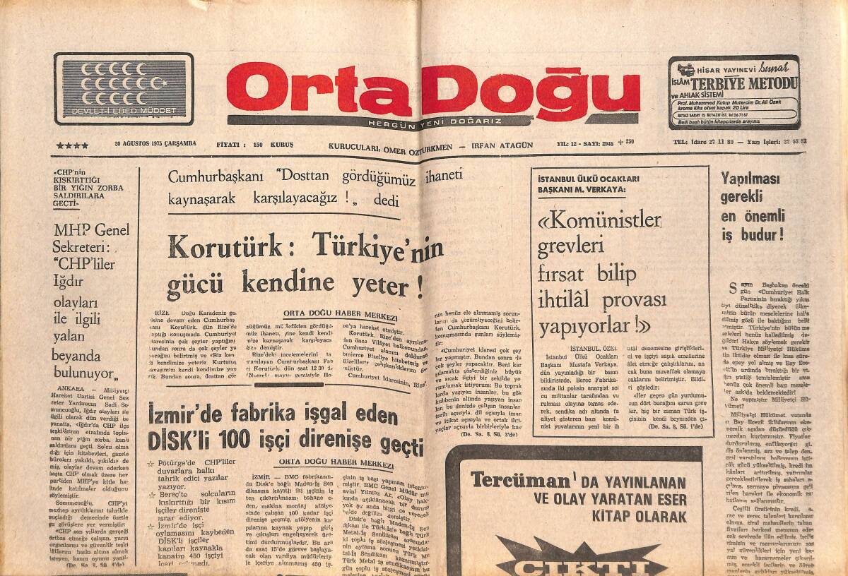 Orta Doğu Gazetesi 20 Ağustos 1975 - Fahri Korutürk: Türkiye'nin Gücü Kendine Yeter! - AP'Lİ Yıldırım: Milliyetçiler Birleşirse, Solun İşi Bitiktir! GZ139389 - 1