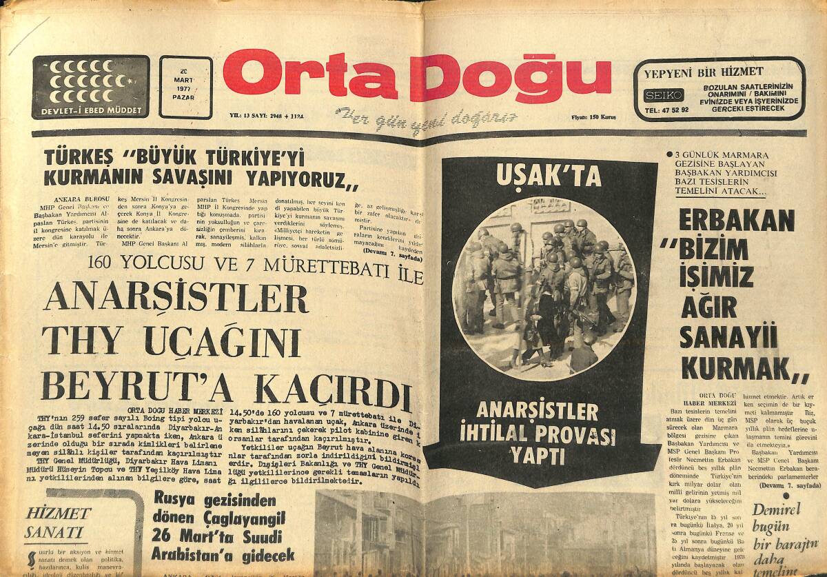 Orta Doğu Gazetesi 20 Mart 1977 - Anarşistler THY Uçağını Beyrut'a Kaçırdı - Uşak'ta Anarşistler İhtilal Provası Yaptı GZ138558 - 1