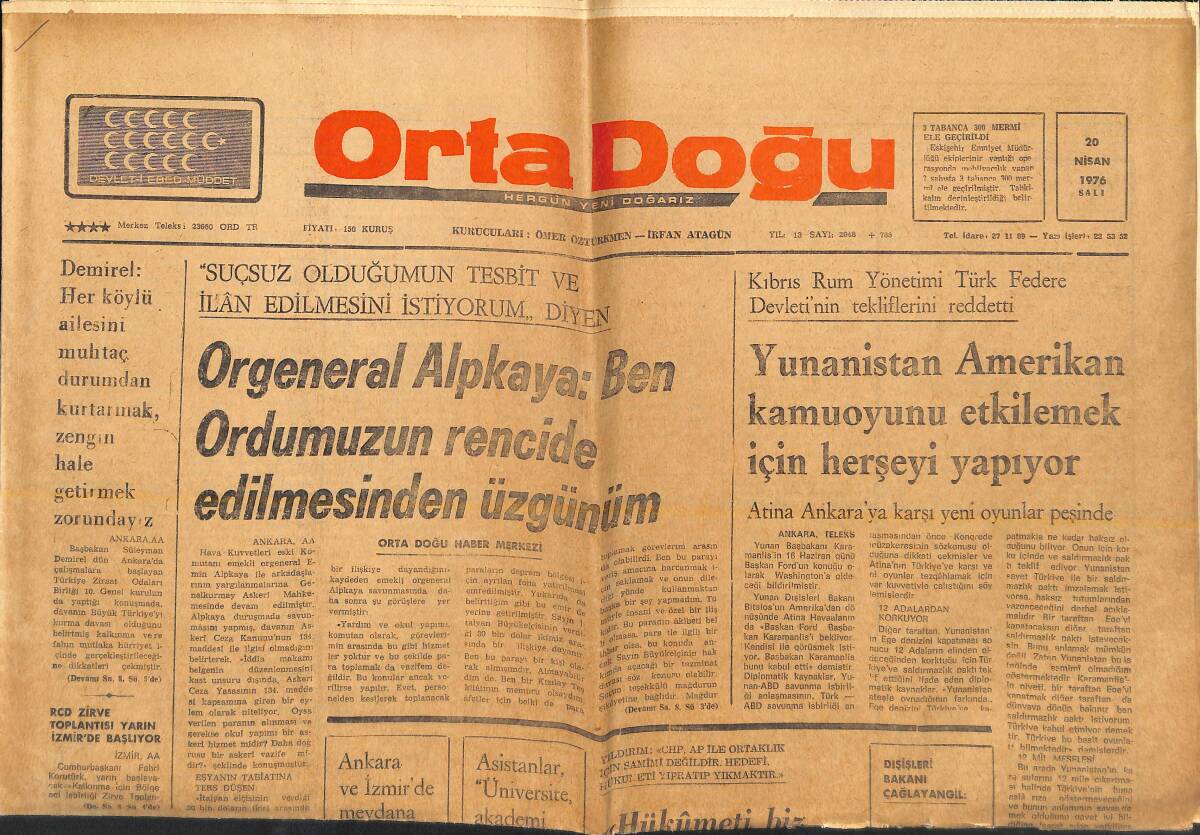 Orta Doğu Gazetesi 20 Nisan 1976 - Yunanistan Amerikan Kamuoyunu Etkilemek İçin Her şeyi Yapıyor - CHP'NİN Büyük Korkusu: MHP! GZ139274 - 1