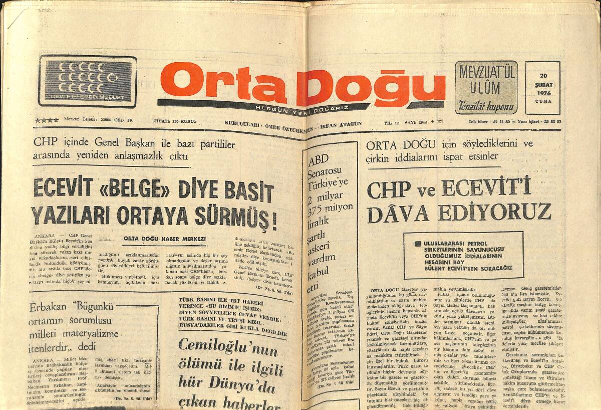 Orta Doğu Gazetesi 20 Şubat 1976 - CHP Ve Ecevit'i Dava Ediyoruz - Müslümanların Yeni Zaferi - Türkiye'de Tiyatro Kavgası GZ138564 - 1