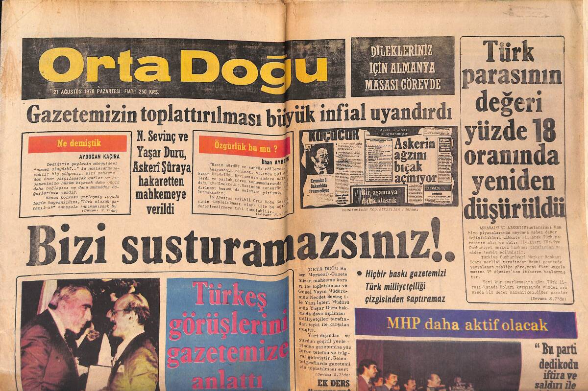 Orta Doğu Gazetesi 21 Ağustos 1978 - Türk Parasının Değeri Yüzde 18 Oranında Yeniden Düşürüldü - Anadolu Bankasını CHP'liler İşgal Etti GZ139176 - 1