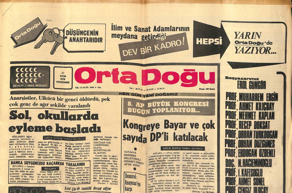 Orta Doğu Gazetesi 21 Ekim 1976 -Süleyman Demirel: Anayasa'ya Karşı Çıkanları Yerine Oturtmak Göreviniz! GZ139284 - 1