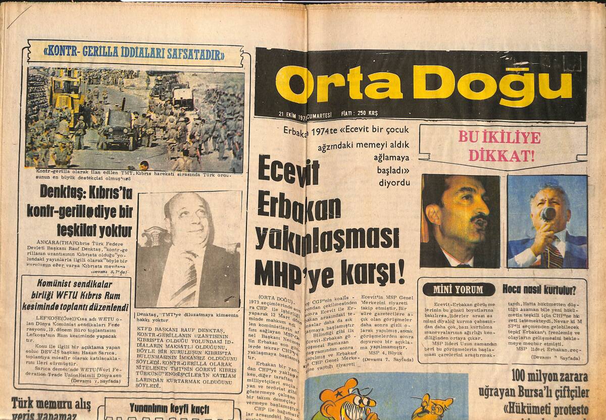 Orta Doğu Gazetesi 21 Ekim 1978 - Bülent Ecevit Ve Erbakan Yakınlaşması MHP'YE Karşı! - Rauf Denktaş: Kıbrıs'ta Kontrgerilla Diye Bir Teşkilat Yoktur! GZ139347 - 1