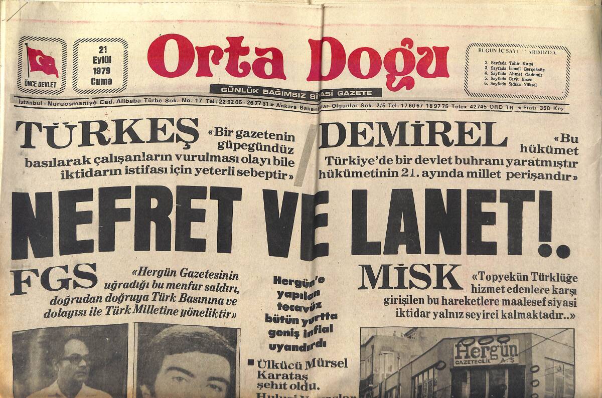 Orta Doğu Gazetesi 21 Eylül 1979 - Ecevit İktidarı Son Günlerini Yaşıyor - Dr. Faruk Sükan İstifa Etti - Türkiye'nin Teksas'ı GZ139168 - 1