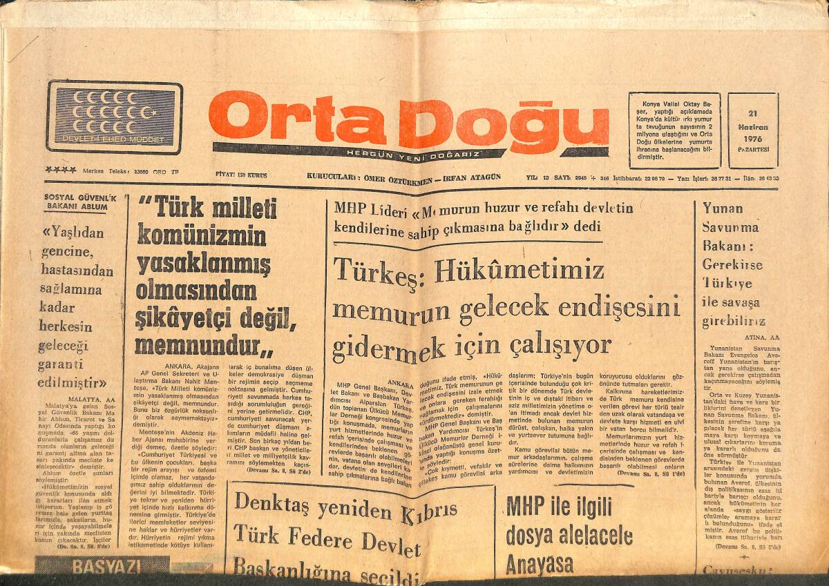 Orta Doğu Gazetesi 21 Haziran 1976 - Türk-İş Ve DİSK Parçalanıyor - Denktaş Yeniden Kıbrıs Türk Federe Devlet Başkanlığına Seçildi GZ143728 - 1
