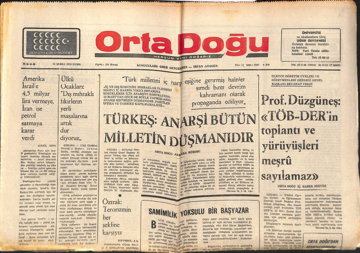 Orta Doğu Gazetesi 21 Şubat 1975 - Alpaslan Türkeş: Anarşi Bütün Milletin Düşmanıdır - Orhan Öztrak: Teorizmin Her Şekline Karşıyız! GZ139328 - 1