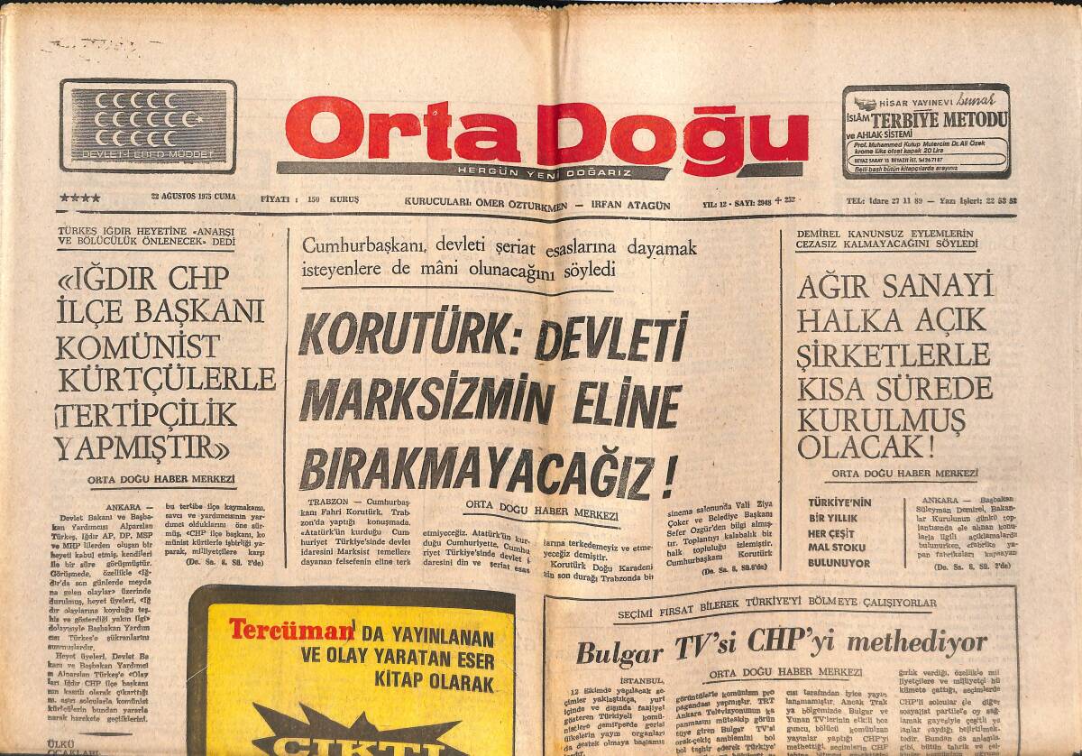 Orta Doğu Gazetesi 22 Ağustos 1975 - CHP'Lİ Solcu Gençler Kamplarda Militan Olarak Eğitiliyor - Bulgar TV'Sİ CHP'Yİ Methediyor! GZ139390 - 1