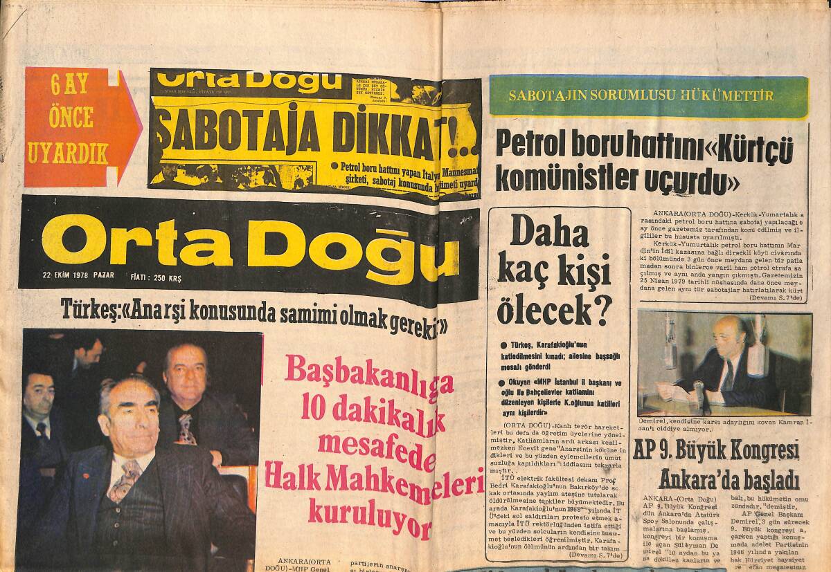 Orta Doğu Gazetesi 22 Ekim 1978 - Alpaslan Türkeş: Anarşi Konusunda Samimi Olmak Gerekir - AP 9.Büyük Kongresi Ankara'da Başladı! GZ139346 - 1