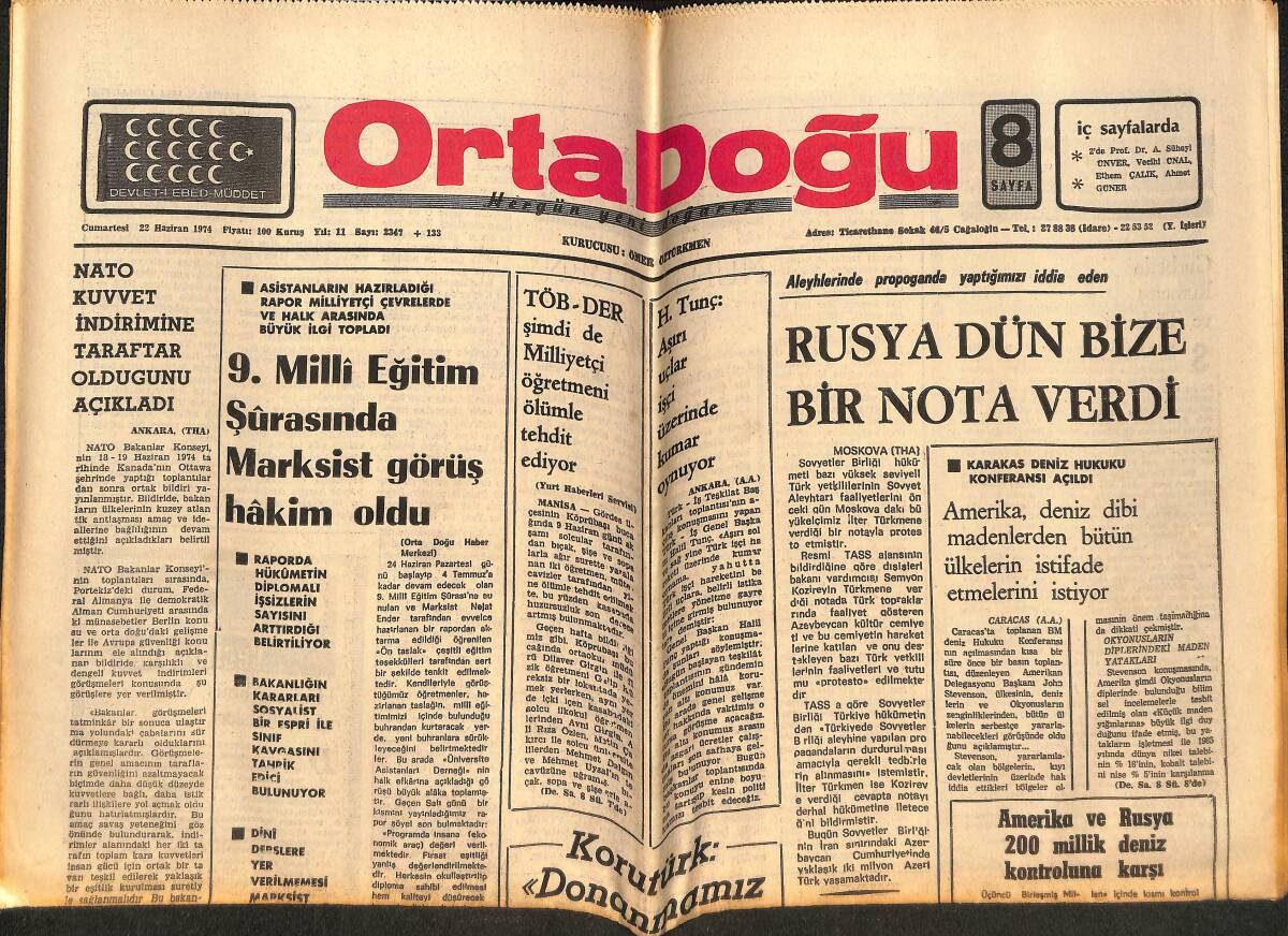 Orta Doğu Gazetesi 22 Haziran 1974 - Rusya Dün Bize Bir Nota Verdi - Amerika Ve Rusya 200 Millik Deniz Kontrolüne Karşı GZ148915 - 1