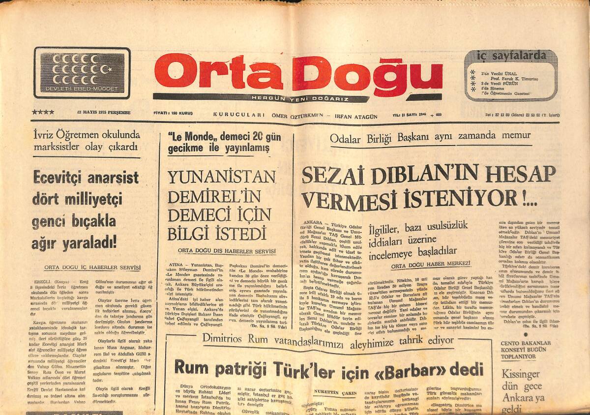 Orta Doğu Gazetesi 22 Mayıs 1975 - Sezai Dıblan'ın Hesap Vermesi İsteniyor!... - Rum Patriği Türk'ler İçin Barbar Dedi! GZ139421 - 1