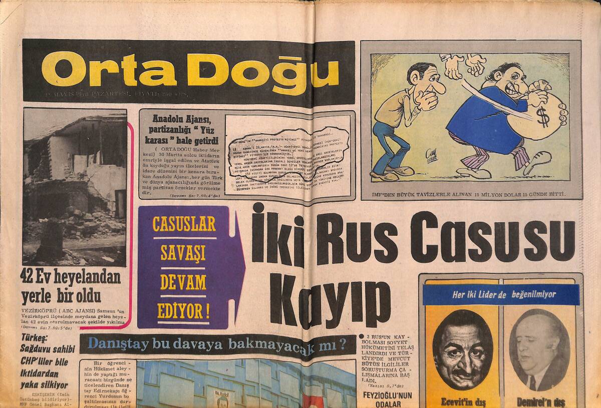 Orta Doğu Gazetesi 22 Mayıs 1978 - Alpaslan Türkeş: Sağduyu Sahibi CHP'LİLER Bile İktidardan Yaka Silkiyor! - Casuslar Savaşı Devam Ediyor! GZ139450 - 1