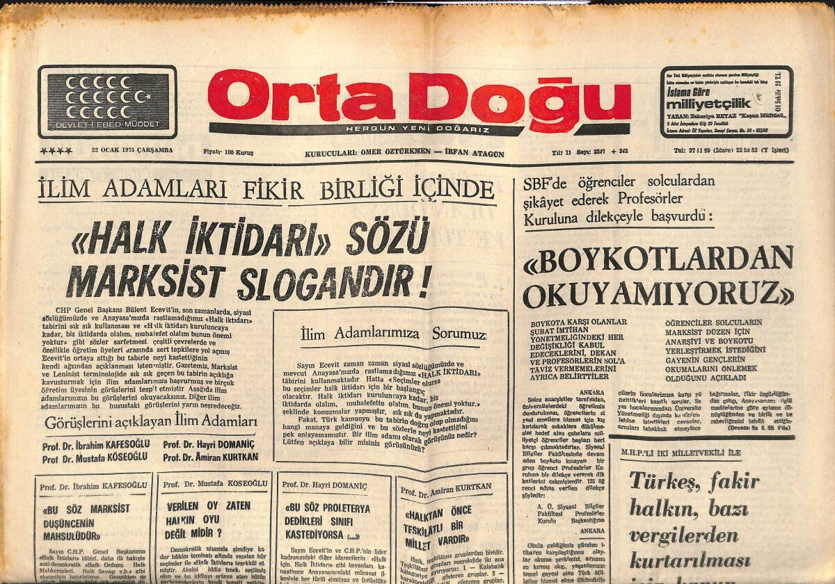 Orta Doğu Gazetesi 22 Ocak 1975 - Halk İktidarı Sözü Marksist Slogandır! - MSP: Milliyetçi Cephe Sun'i İhtilaflarla Zaafa Uğratılamaz! GZ139315 - 1