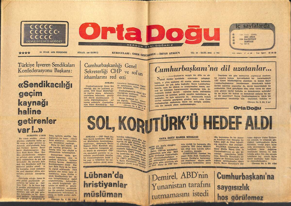 Orta Doğu Gazetesi 22 Ocak 1976 - Cumhurbaşkanı'na Dil Uzatanlar... - Diyanet İşleri Başkanı Tayinle Gelecek! GZ139259 - 1