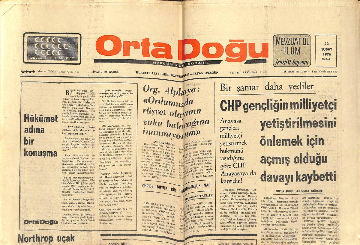 Orta Doğu Gazetesi 22 Şubat 1976 - Melen, Süper Devletlerden Sonra En Büyük Orduya Sahip Olduğumuzu Söyledi - Ali, Coopman'ı Nakavt Etti GZ138566 - 1