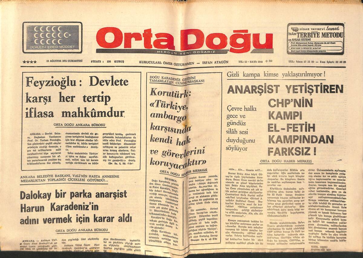 Orta Doğu Gazetesi 23 Ağustos 1975 - Turhan Feyzioğlu: Devlete Karşı Her Tertip İflasa Mahkumdur! - Mutlu Menderes Ve Talat Asal AP'YE Giriyor GZ139378 - 1