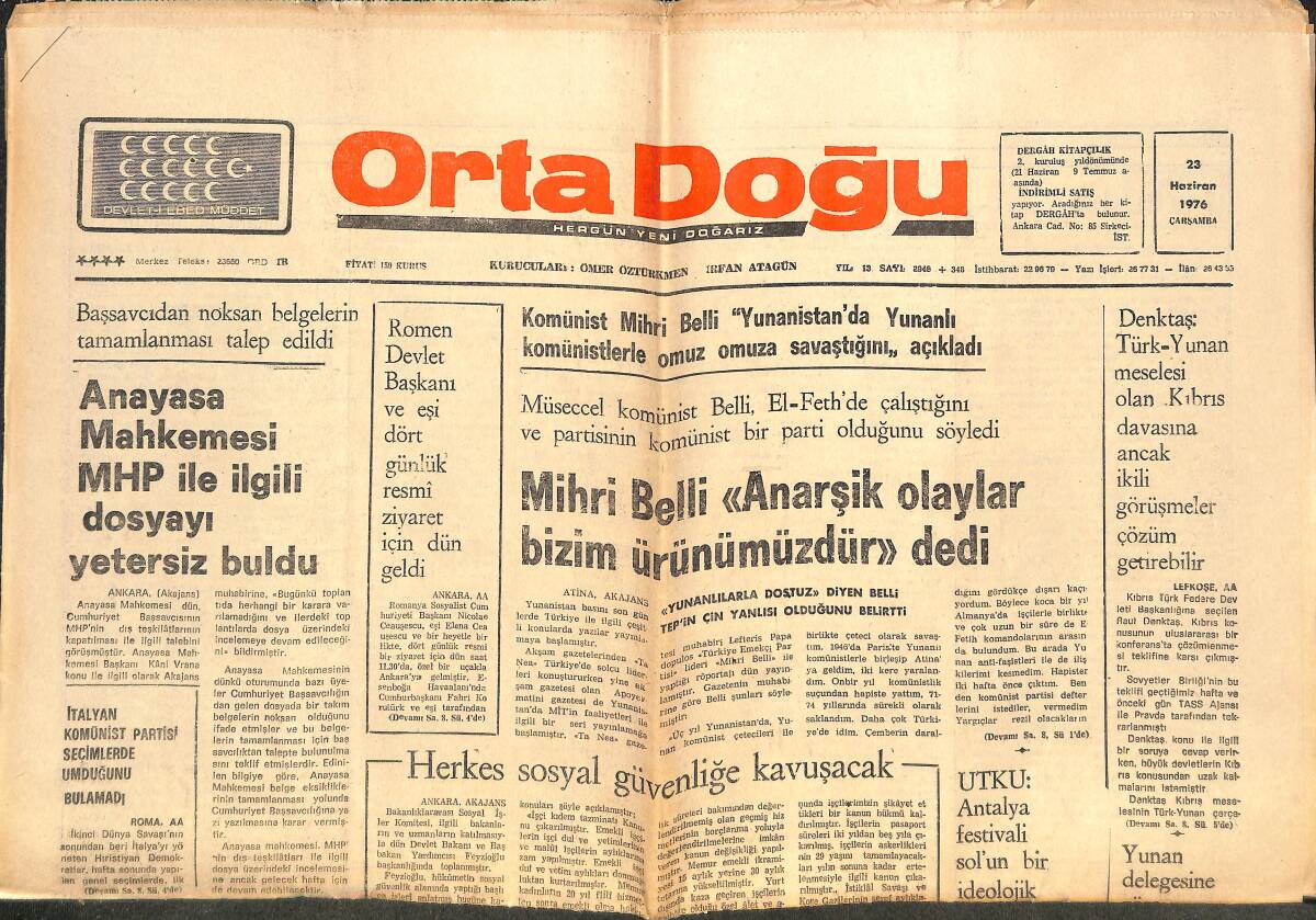 Orta Doğu Gazetesi 23 Haziran 1976 - İtalyan Komünist Partisi Seçimlerde Umduğunu Bulamadı - Herkes Sosyal Güvenliğe Kavuşacak GZ143726 - 1