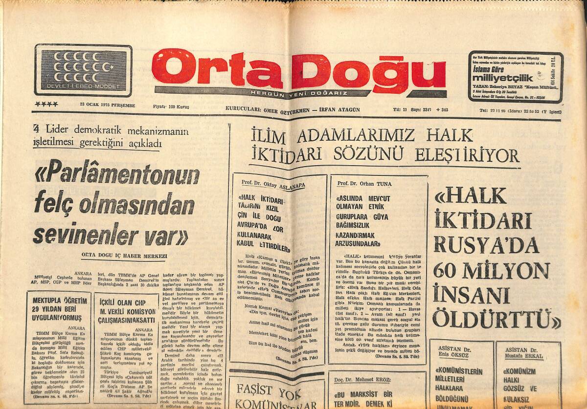 Orta Doğu Gazetesi 23 Ocak 1975 - Parlamentonun Felç Olmasından Sevinenler Var! - Halk İktidarı Rusya'da 60 Milyon İnsanı Öldürttü! GZ139316 - 1