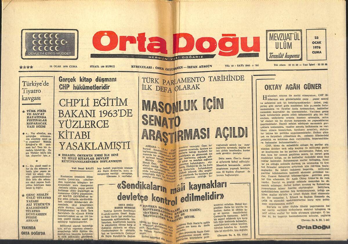 Orta Doğu Gazetesi 23 Ocak 1976 - Masonluk İçin Senato Araştırması Açıldı - MHP Hakkında Senato Araştırması Açılması Reddedildi! GZ139258 - 1