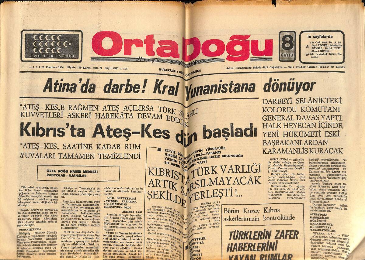 Orta Doğu Gazetesi 23 Temmuz 1974 - Kıbrıs'ta Ateş Kes Dün Başladı - Atina'da Darbe GZ148984 - 1